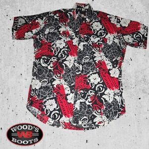 VTG Wood's Boots Western Shirt Mens Floral Abstract Print Red Black White 17 XL